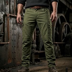 Man wearing custom olive green cargo work pants in industrial factory setting – custom workwear trousers lifestyle photo