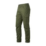 Custom olive green cargo work pants side view showing large cargo pockets and knee reinforcements – custom workwear trousers