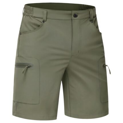 Front view of men’s casual shorts laid flat, showing waistband, pockets, and relaxed above‑the‑knee length.
