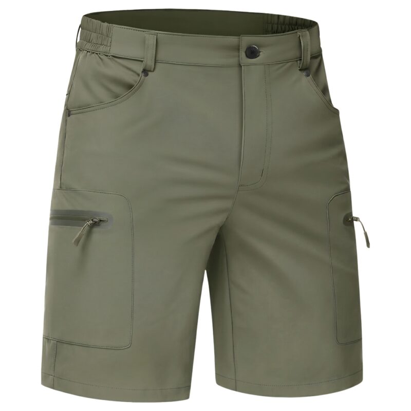 Front view of men’s casual shorts laid flat, showing waistband, pockets, and relaxed above‑the‑knee length.