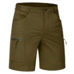 Men’s casual shorts in deep olive color laid flat, showing waistband, front pockets, and relaxed above‑the‑knee length.