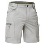 Men’s casual shorts in silver gray color laid flat, showing waistband, front pockets, and relaxed above‑the‑knee length.