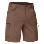 Men’s casual shorts in warm brown color laid flat, showing waistband, front pockets, and relaxed above‑the‑knee length.