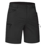 Men’s casual shorts in black color laid flat, showing waistband, front pockets, and relaxed above‑the‑knee length.
