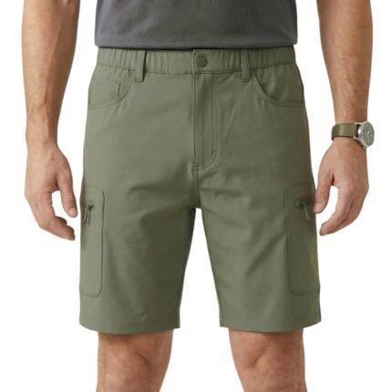 Male model wearing men’s casual shorts front view, showing relaxed fit and above‑the‑knee length.