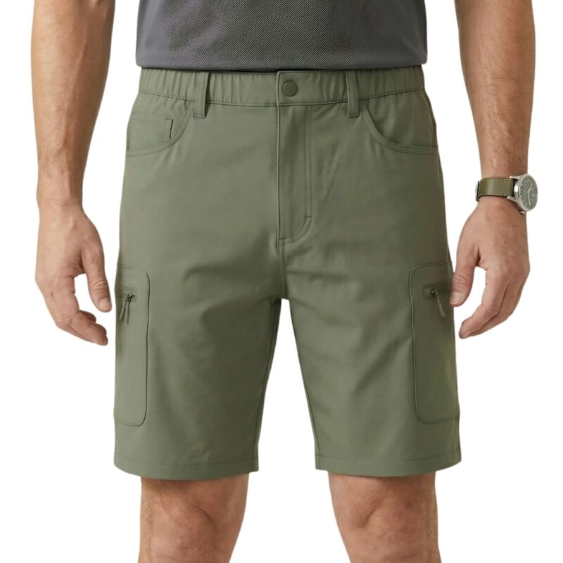 Male model wearing men’s casual shorts front view, showing relaxed fit and above‑the‑knee length.