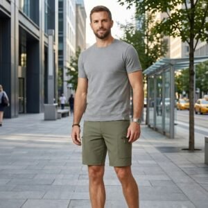 Male model wearing casual shorts and T‑shirt, standing against a blurred city background, showcasing relaxed urban summer style.