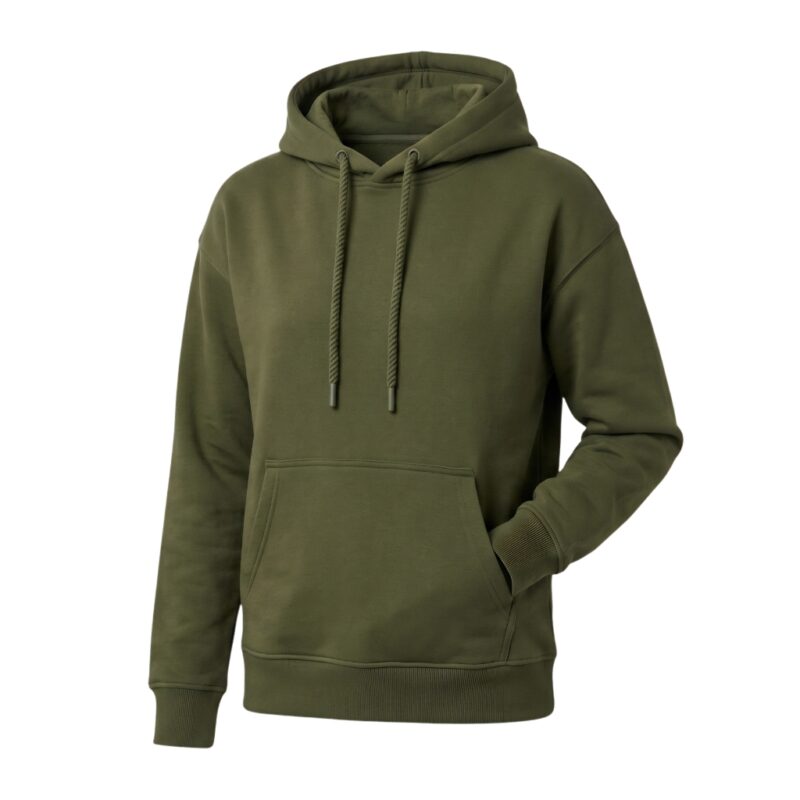 Custom olive green classic pullover hoodie with kangaroo pocket on ghost mannequin – custom casual apparel