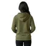 Female model wearing custom olive green classic pullover hoodie back view – custom casual apparel