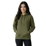 Female model wearing custom olive green classic pullover hoodie front view – custom casual apparel