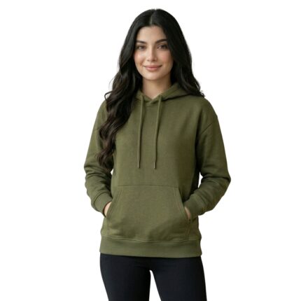 Female model wearing custom olive green classic pullover hoodie front view – custom casual apparel