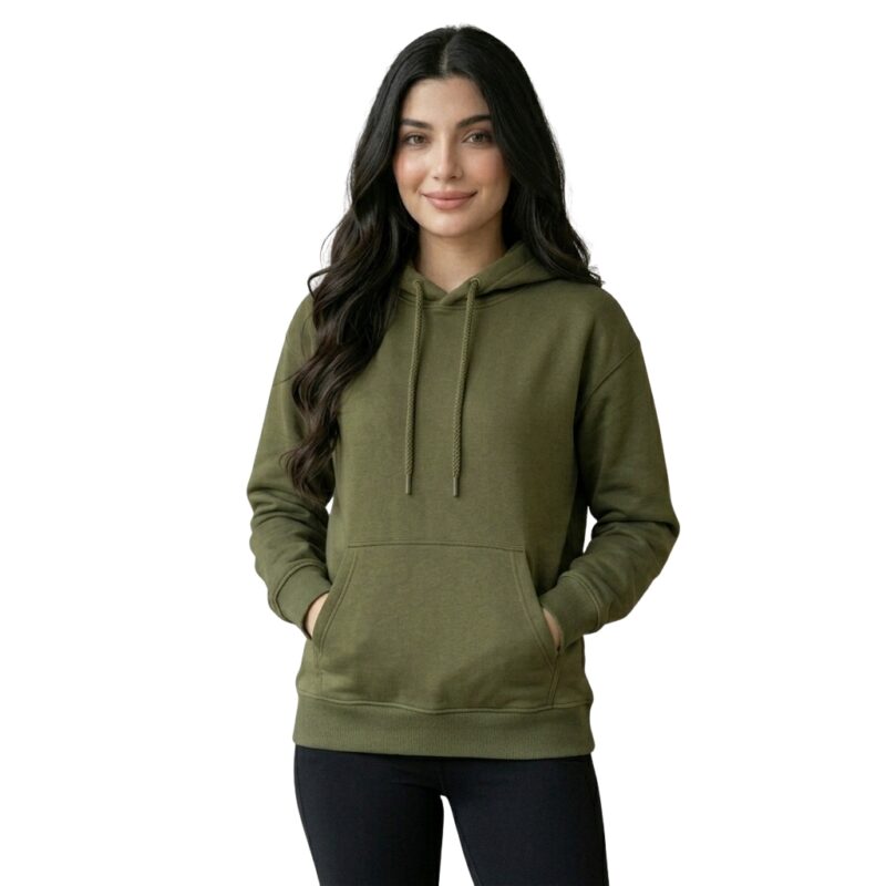Female model wearing custom olive green classic pullover hoodie front view – custom casual apparel