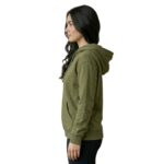Female model wearing custom olive green classic pullover hoodie side view – custom casual apparel