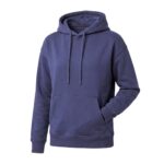 Custom purple-blue classic pullover hoodie with kangaroo pocket on ghost mannequin – custom casual apparel