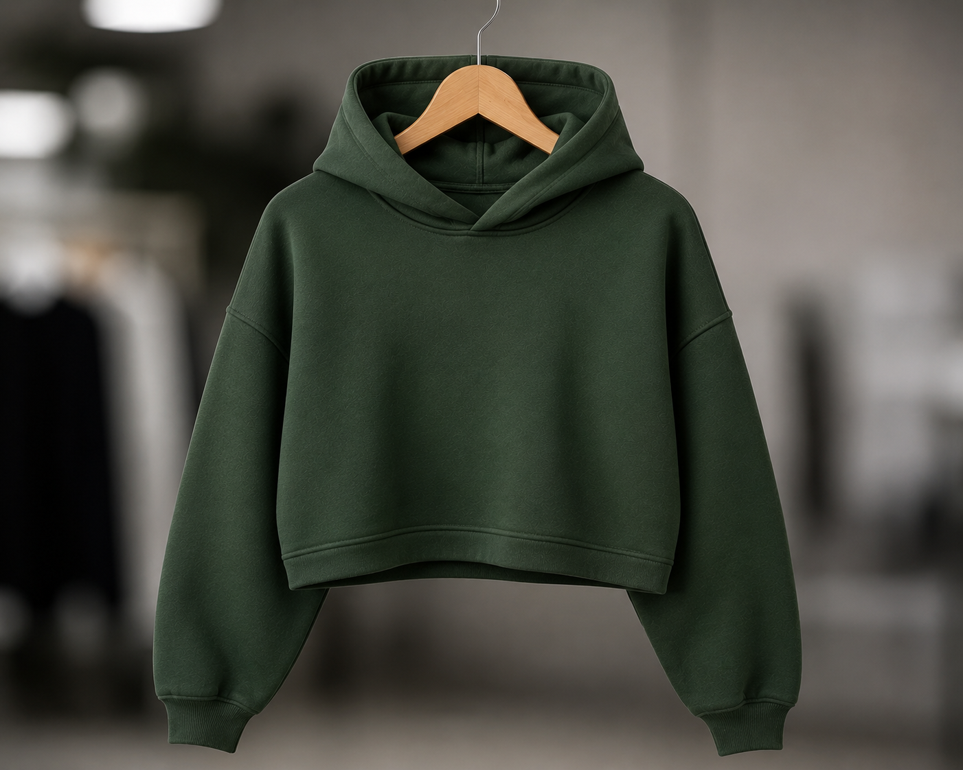 Custom cropped hoodies manufacturer image showing trendy short-length hoodies for B2B fashion brands, manufactured by Eco Jersey Limited