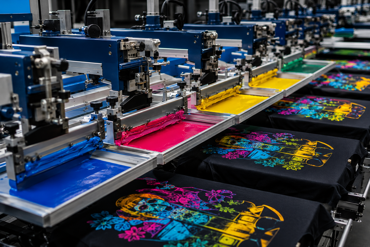 Custom screen printing in action at Eco Jersey showing manual or automatic screen printing process being applied to a garment for durable and high-volume custom apparel branding for fashion and sportswear brands worldwide