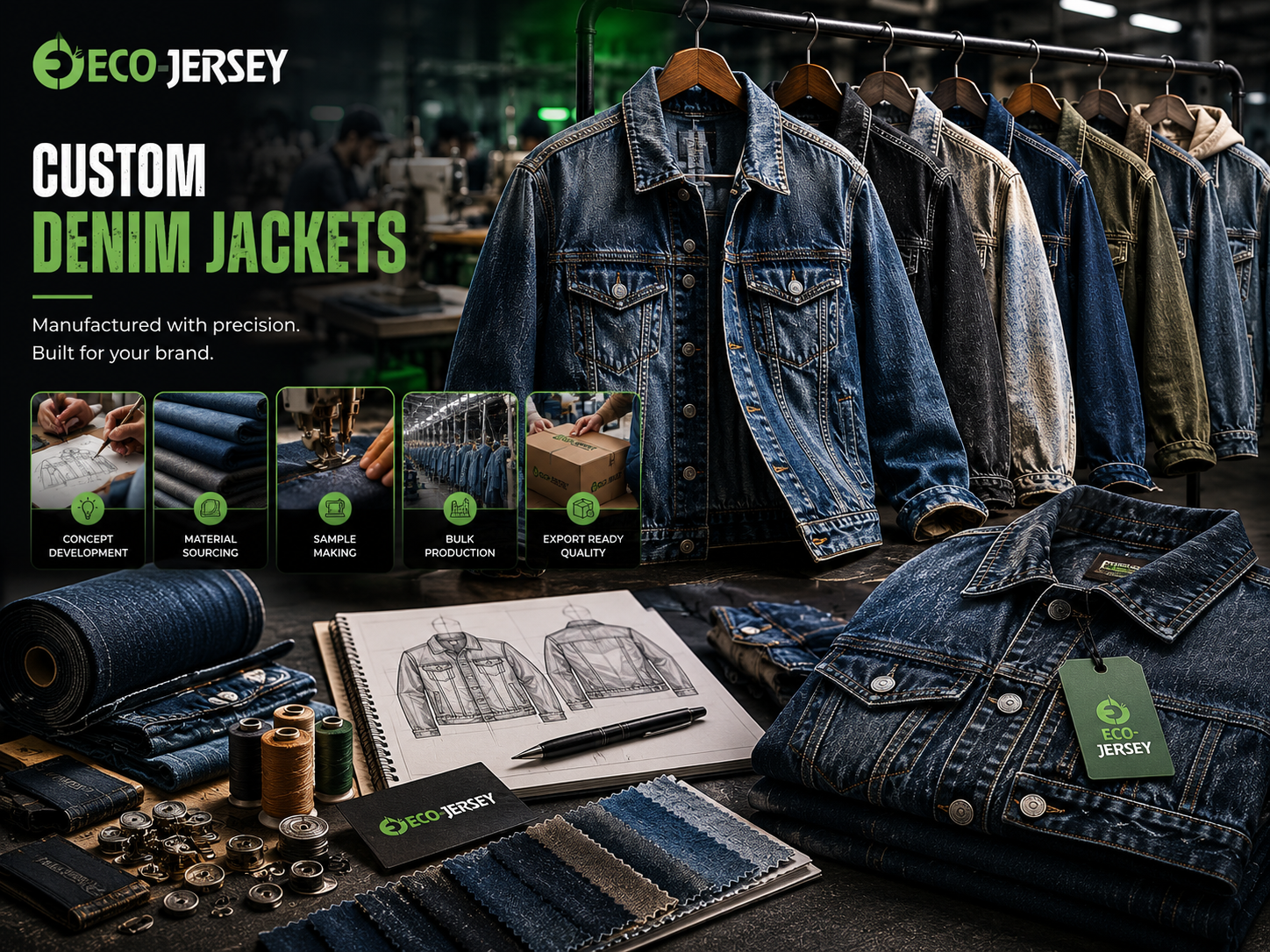 Denim jackets manufacturing overview showing production process and styles at Eco Jersey Limited