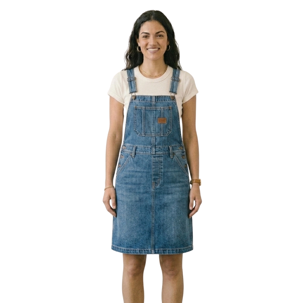 denim overall dress- model front view Denim Overall Dress | Versatile Classic Shift Mini Jean Dress - Image 1