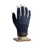Backside view of a pair of dirt bike gloves on a plain background.