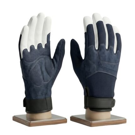 Front and backside view of a pair of dirt bike gloves on a plain background.