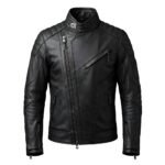Men’s faux leather biker jacket front view on a plain background.