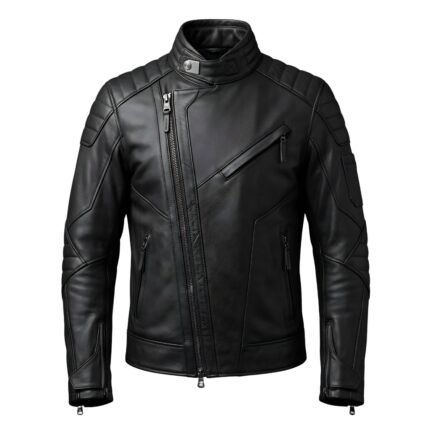 Men’s faux leather biker jacket front view on a plain background.