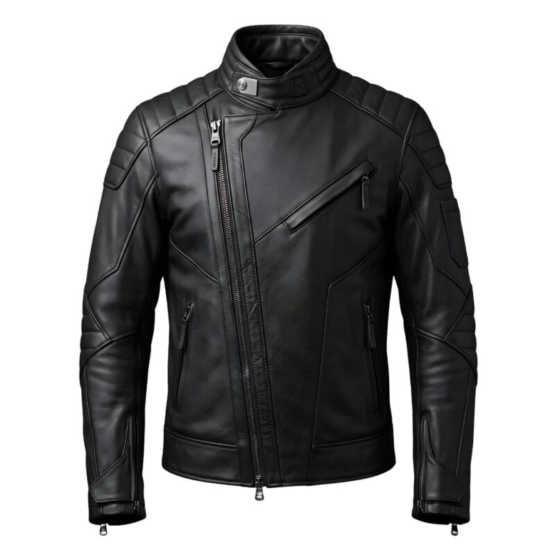 Men’s faux leather biker jacket front view on a plain background.