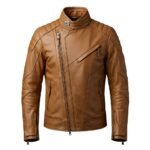 Caramel brown men’s faux leather biker jacket front view on a plain background.