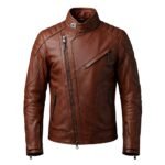 Chestnut brown men’s faux leather biker jacket front view on a plain background.