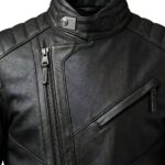Close‑up view of a men’s faux leather biker jacket showing zipper and panel details.