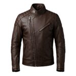 Dark walnut brown men’s faux leather biker jacket front view on a plain background.