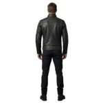 Male model wearing a men’s faux leather biker jacket, back view on a plain background.