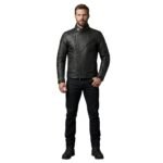 Male model wearing a men’s faux leather biker jacket, front view on a plain background.