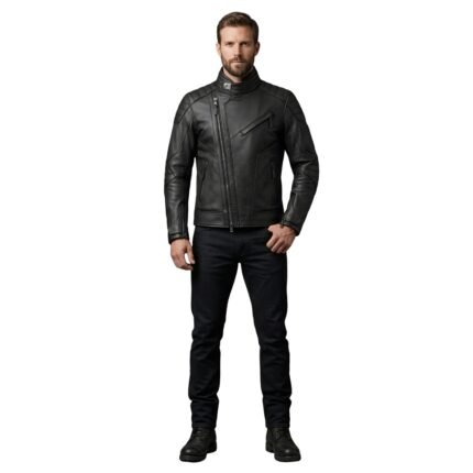 Male model wearing a men’s faux leather biker jacket, front view on a plain background.