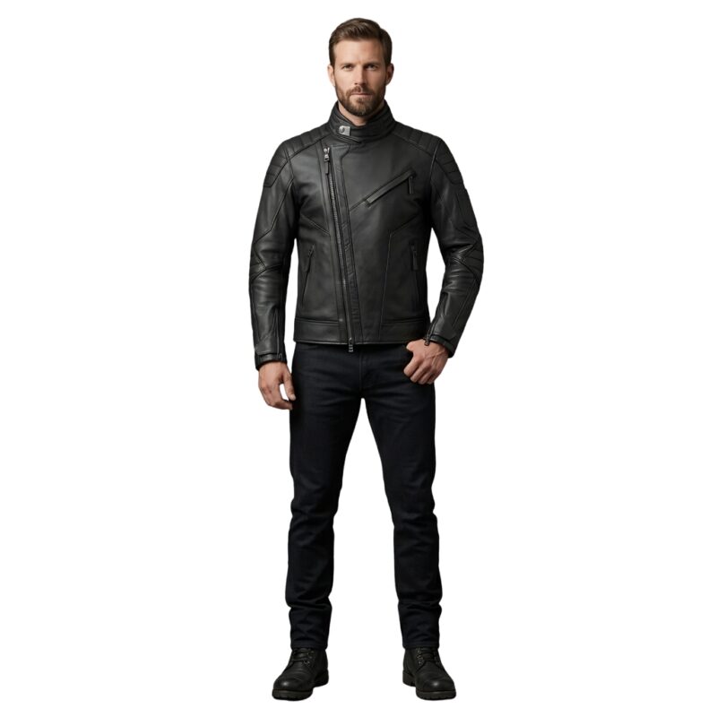 Male model wearing a men’s faux leather biker jacket, front view on a plain background.