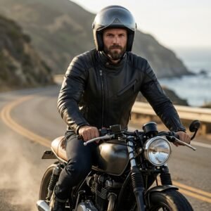 Man wearing a faux leather biker jacket riding a motorcycle on the road.