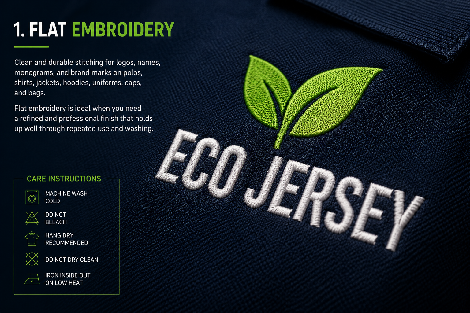 Flat embroidery showcase for custom apparel at Eco Jersey showing clean and durable stitching of the Eco Jersey logo and name on a navy blue polo shirt with embroidery care instructions