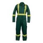 Front view of men’s green industrial coveralls with collar, long sleeves, and full-length legs.