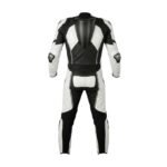 Heated motorbike suit back view showing full-length protective riding gear with integrated heating panels.