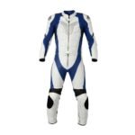 Heated blue and white motorbike suit displayed on a plain background, showing full-body insulated riding gear.