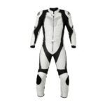 Heated motorbike suit front view showing full-length insulated riding gear with integrated heating panels.