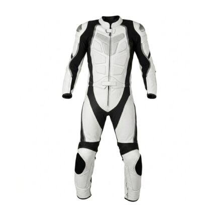 Heated motorbike suit front view showing full-length insulated riding gear with integrated heating panels.