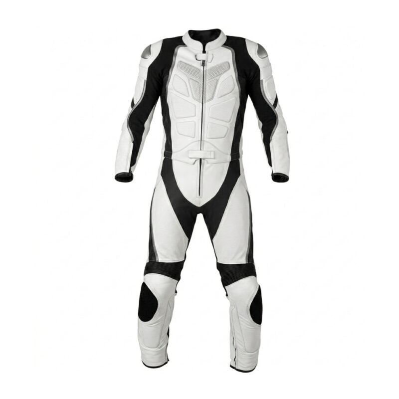 Heated motorbike suit front view showing full-length insulated riding gear with integrated heating panels.