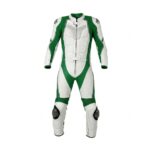 Heated green and white motorbike suit displayed on a plain background, showing full-body insulated riding gear.
