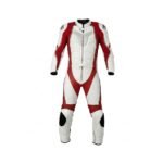 Heated motorbike suit front view showing full-length insulated riding gear with integrated heating panels.