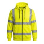 Custom yellow hi-vis zip-up hoodie with silver reflective strips and kangaroo pocket – custom workwear sweatshirt