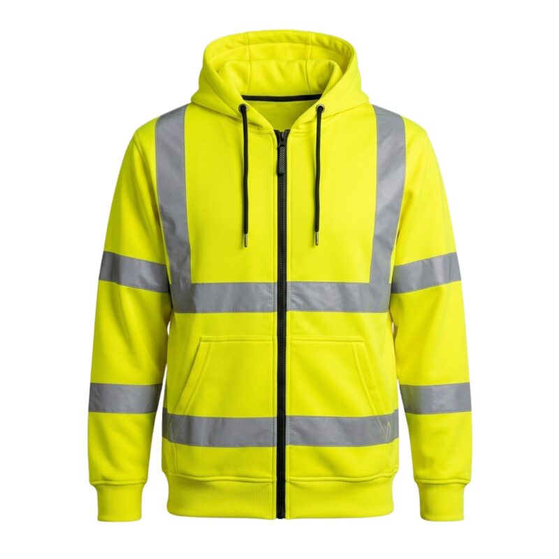 Custom yellow hi-vis zip-up hoodie with silver reflective strips and kangaroo pocket – custom workwear sweatshirt