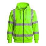 Custom lime green hi-vis zip-up hoodie with silver reflective strips and kangaroo pocket – custom workwear sweatshirt