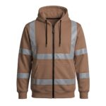 Custom tawny brown hi-vis zip-up hoodie with silver reflective strips and kangaroo pocket – custom workwear sweatshirt