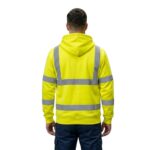 Male model wearing custom yellow hi-vis zip-up hoodie with silver reflective strips – back view custom workwear